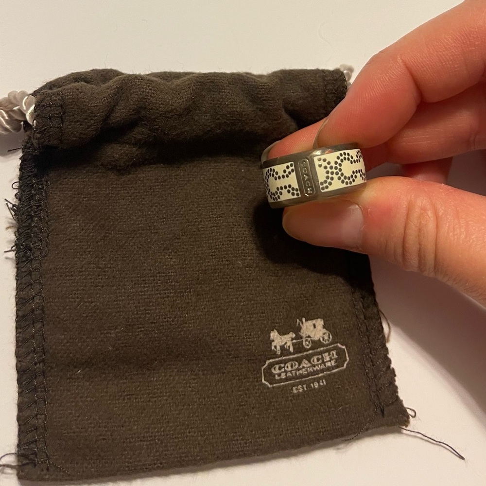 Coach White and Silver Signature Logo Ring